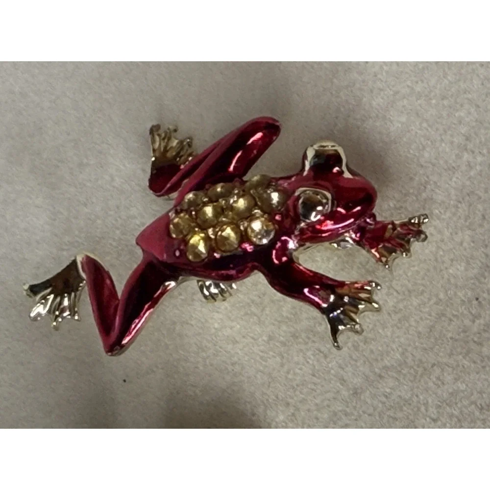 Frog Scatter Brooch Pin Set Red Green Enamel-Like Rhinestone Jeweled 2pc